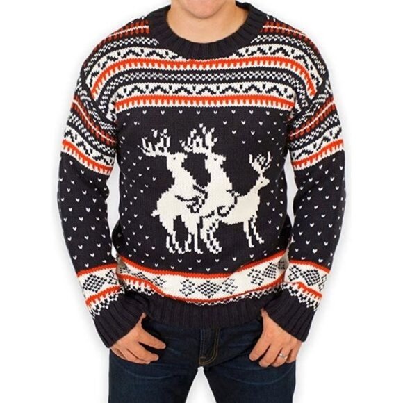Festified 3XL Reindeer Threesome Sweater Navy Holiday Ugly Christmas Knit  NWT - Picture 1 of 9